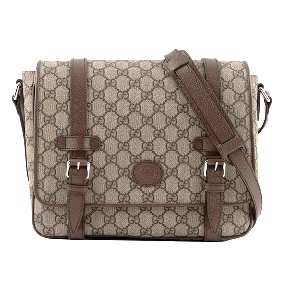 【GUCCI 古馳】 658542 經典GG Supreme印花帆布中性款郵差包 肩背/斜背包(棕色)