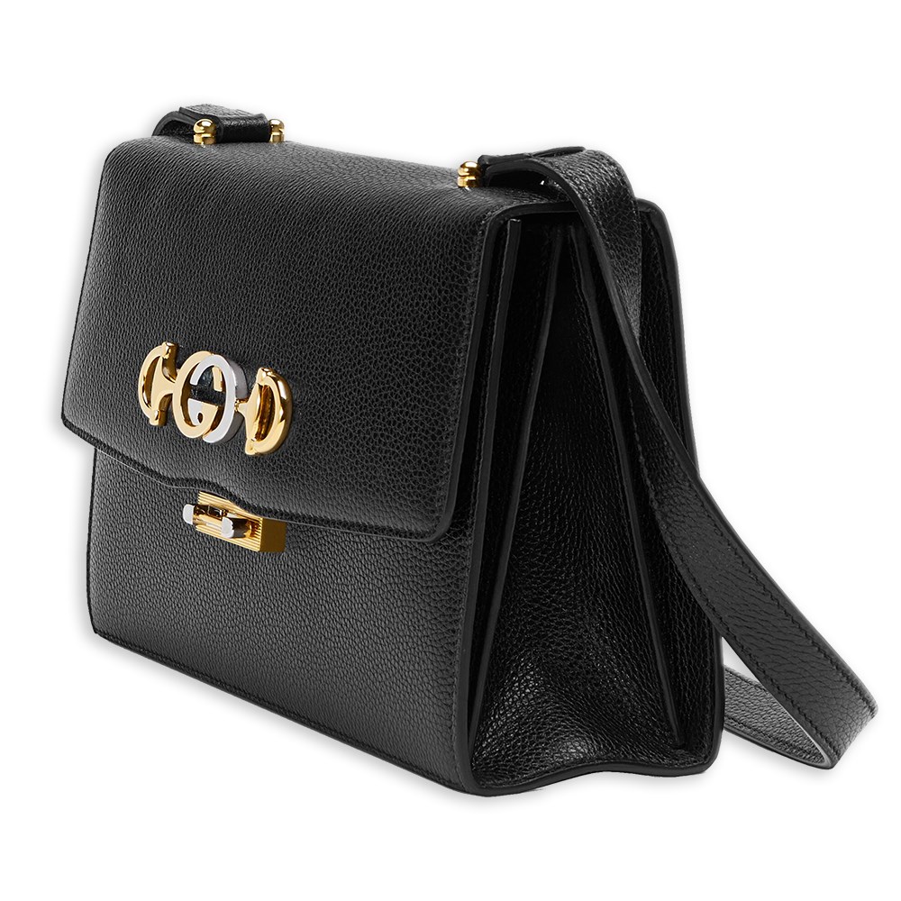 【GUCCI 古馳】575934 經典ZUMI系列金色雙G LOGO馬銜鍊環皮革肩背/斜背包(黑色)