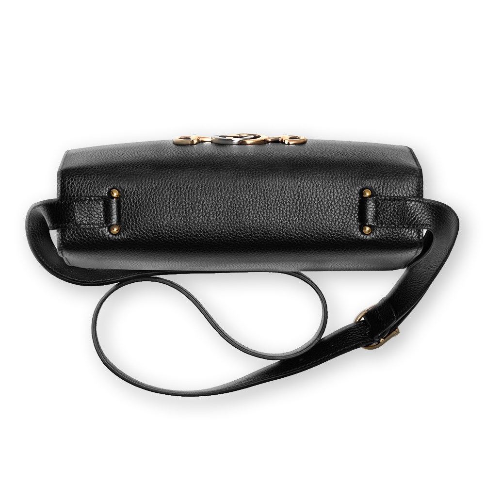 【GUCCI 古馳】575934 經典ZUMI系列金色雙G LOGO馬銜鍊環皮革肩背/斜背包(黑色)