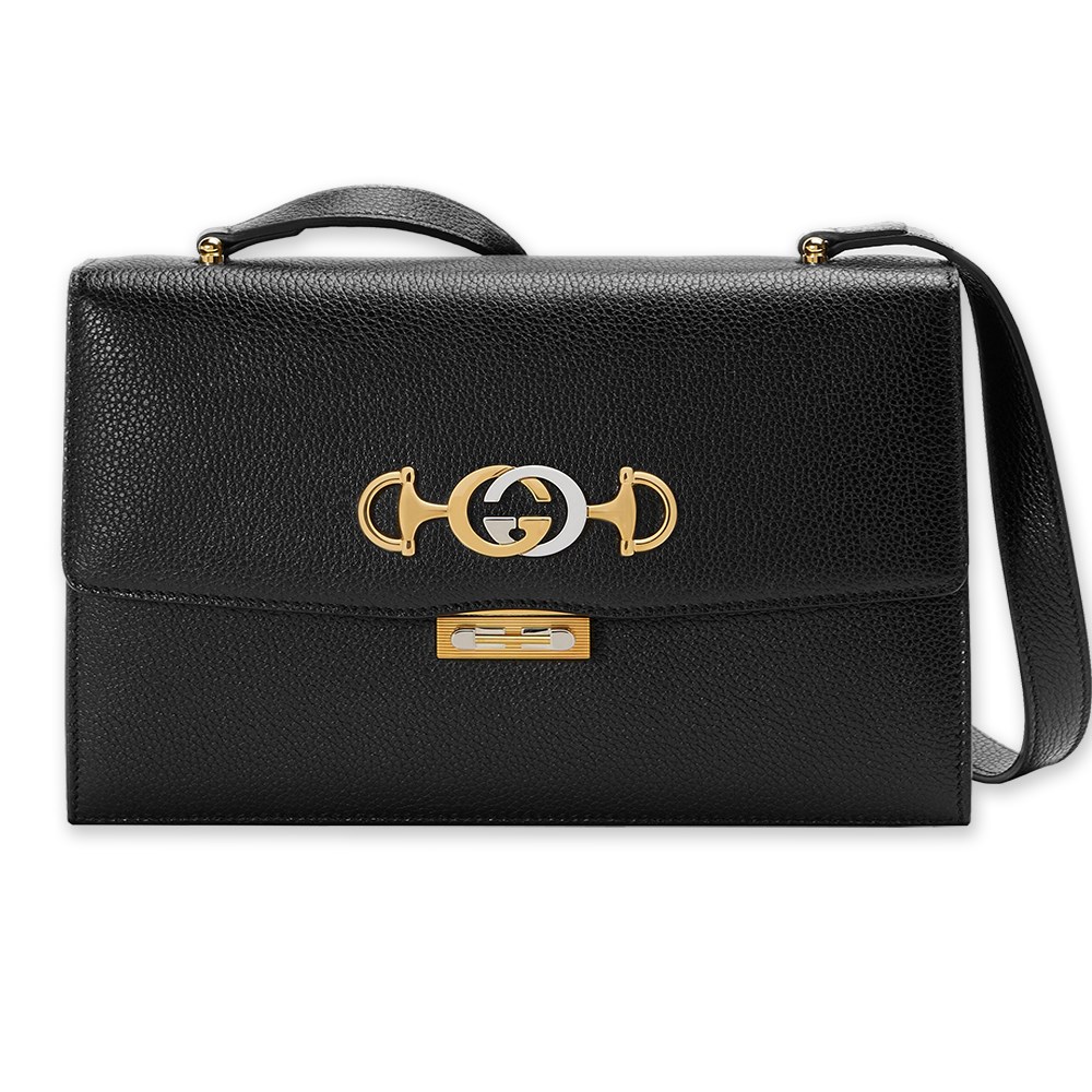 【GUCCI 古馳】575934 經典ZUMI系列金色雙G LOGO馬銜鍊環皮革肩背/斜背包(黑色)