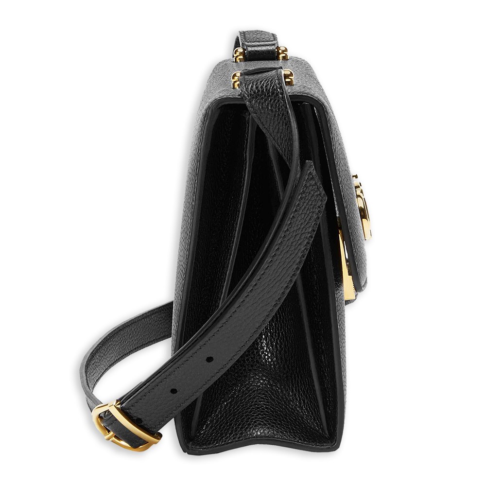【GUCCI 古馳】575934 經典ZUMI系列金色雙G LOGO馬銜鍊環皮革肩背/斜背包(黑色)