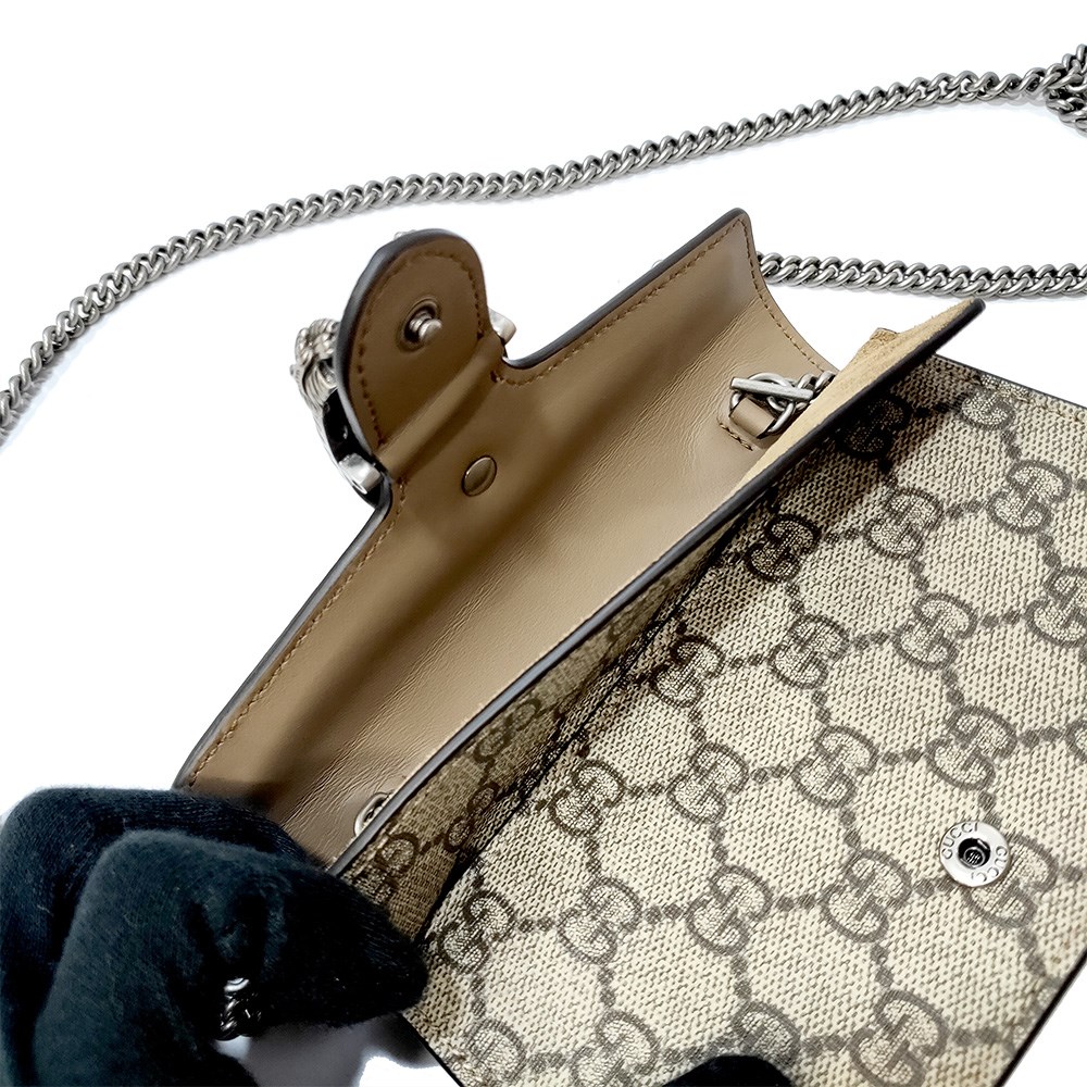 【GUCCI 古馳】476432 經典Dionysus系列GG Supreme帆布迷你酒神手拿包/斜背包(棕色)