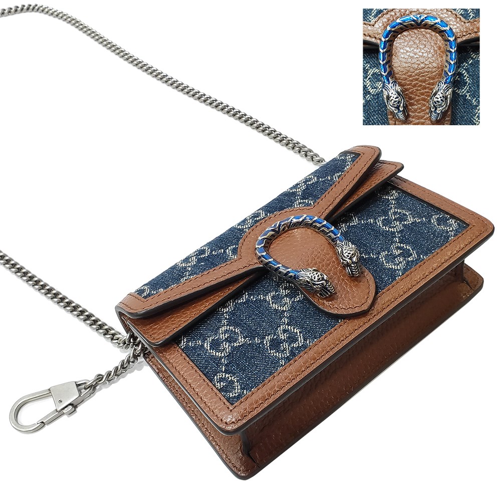 【GUCCI 古馳】476432 經典Dionysus系列GG Supreme帆布迷你酒神手拿包/斜背包(丹寧)