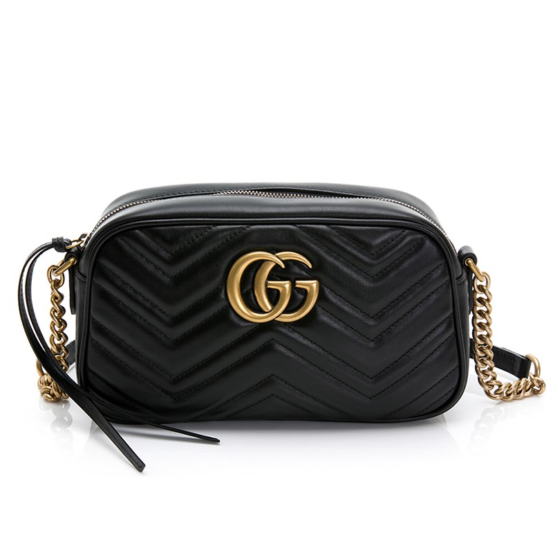 【GUCCI 古馳】447632 經典GG Marmont系列仿舊金色LOGO牛皮山字車紋肩背斜背相機包(黑色)