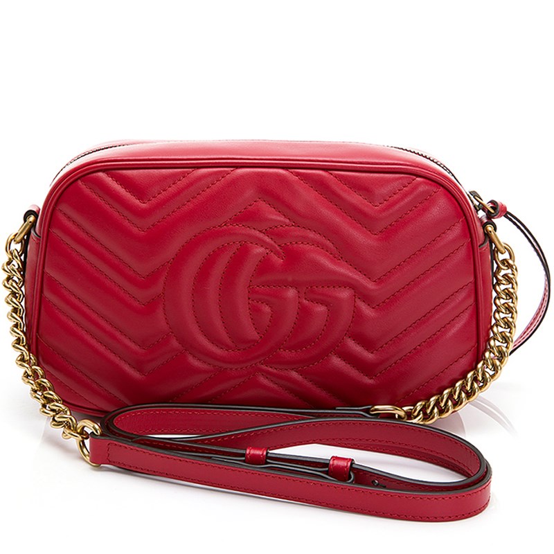 【GUCCI 古馳】447632 經典GG Marmont系列仿舊金色LOGO牛皮山字車紋肩背斜背相機包(紅色)
