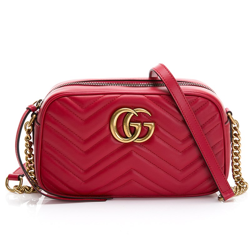 【GUCCI 古馳】447632 經典GG Marmont系列仿舊金色LOGO牛皮山字車紋肩背斜背相機包(紅色)