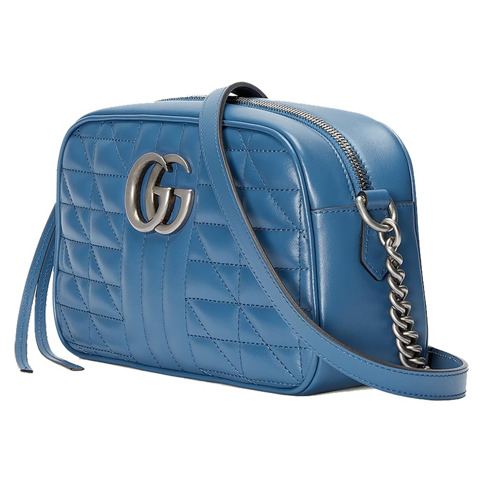 【GUCCI 古馳】447632 經典GG Marmont系列仿舊銀色雙G LOGO牛皮拉鍊相機包斜背包 (藍色)