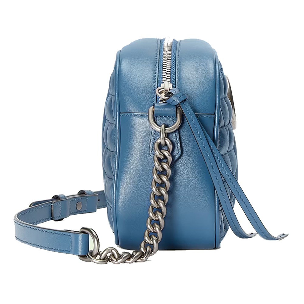 【GUCCI 古馳】447632 經典GG Marmont系列仿舊銀色雙G LOGO牛皮拉鍊相機包斜背包 (藍色)