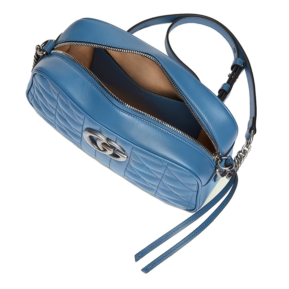 【GUCCI 古馳】447632 經典GG Marmont系列仿舊銀色雙G LOGO牛皮拉鍊相機包斜背包 (藍色)