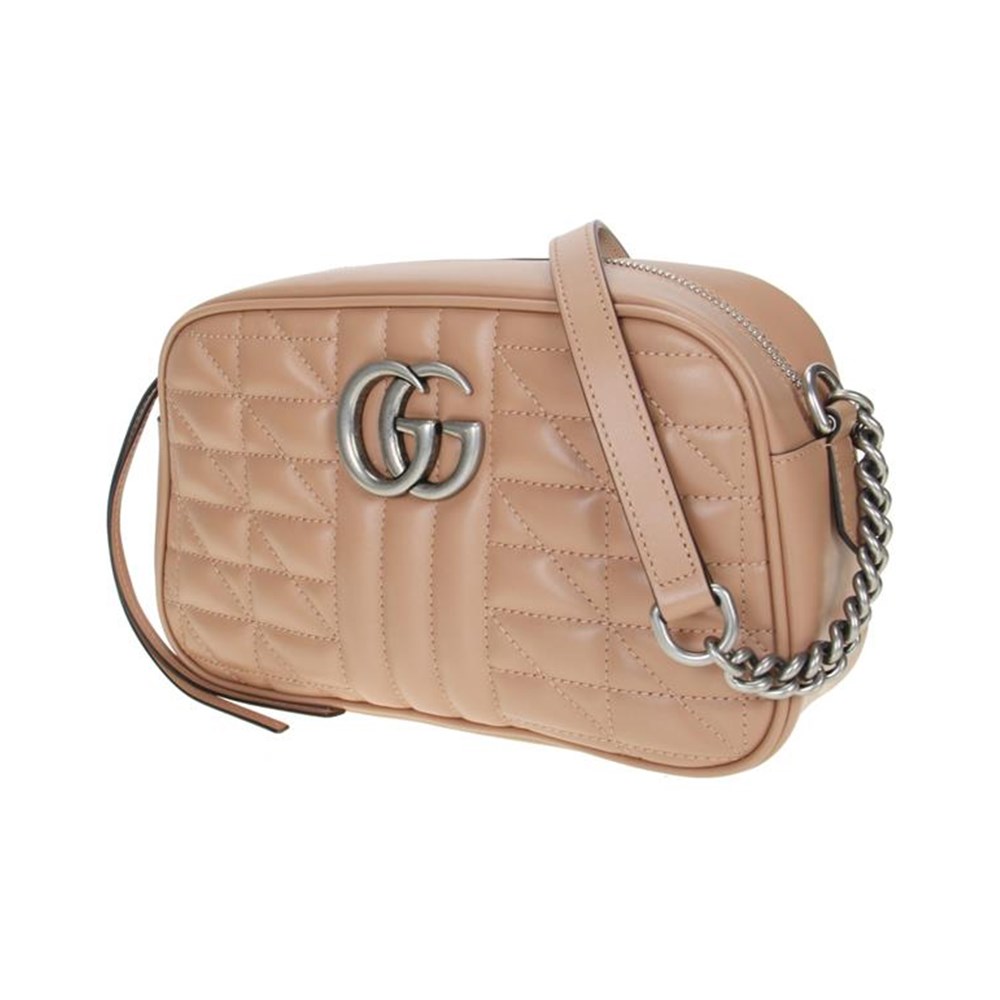 【GUCCI 古馳】447632 經典GG Marmont系列仿舊銀色雙G LOGO牛皮山字車紋拉鍊肩背包 (膚色)