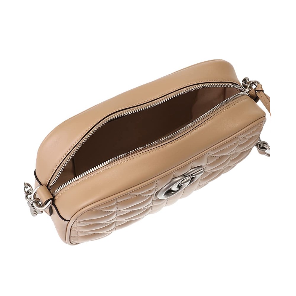 【GUCCI 古馳】447632 經典GG Marmont系列仿舊銀色雙G LOGO牛皮山字車紋拉鍊肩背包 (膚色)