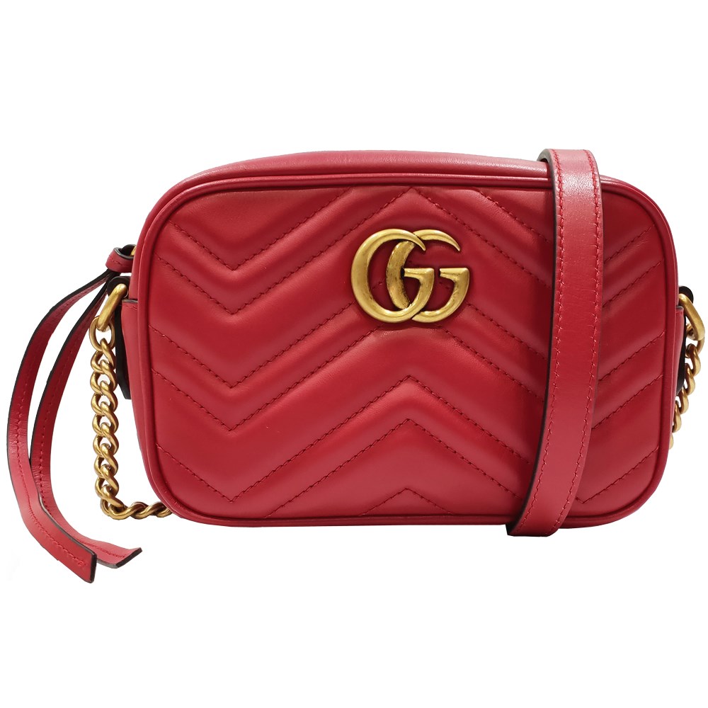 【GUCCI 古馳】448065 經典Marmont系列仿舊金色雙G LOGO 山字車紋迷你拉鍊相機包斜背包(紅色)