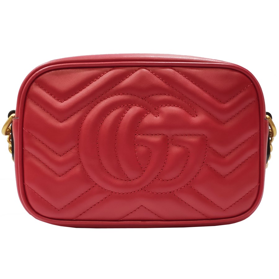 【GUCCI 古馳】448065 經典Marmont系列仿舊金色雙G LOGO 山字車紋迷你拉鍊相機包斜背包(紅色)