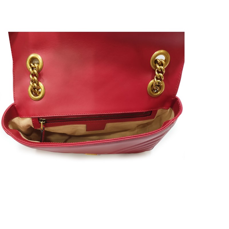 【GUCCI 古馳】443497 經典Marmont 系列仿舊金色雙G LOGO牛皮山字車紋壓釦肩/斜背包(紅色26cm)
