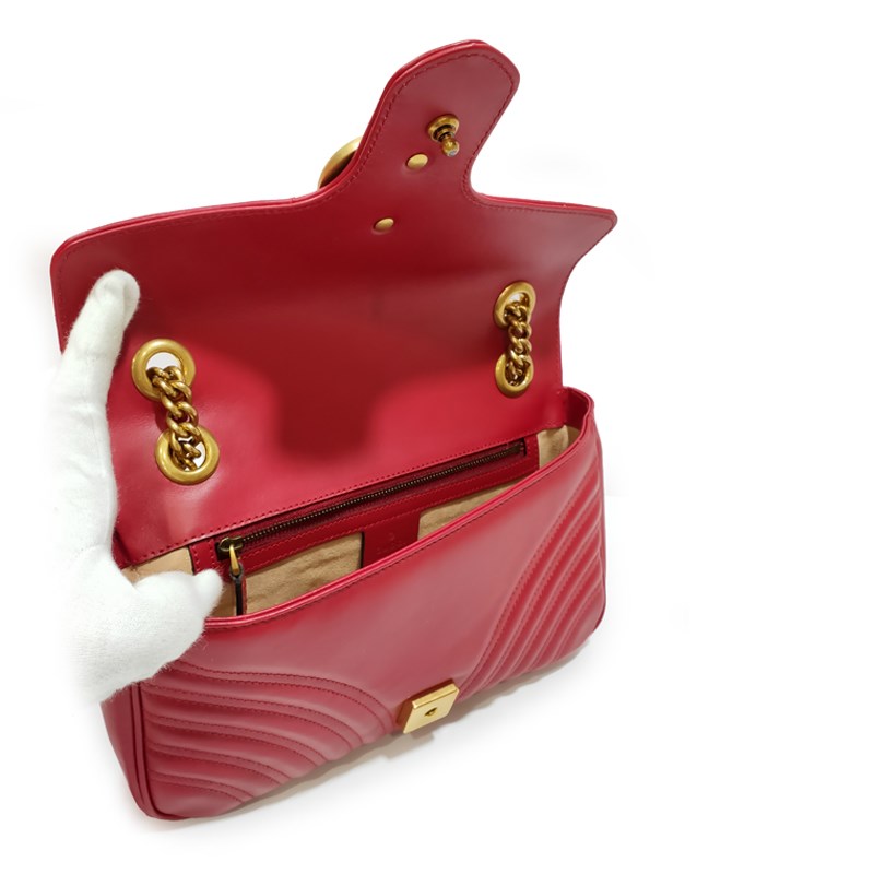 【GUCCI 古馳】443497 經典Marmont 系列仿舊金色雙G LOGO牛皮山字車紋壓釦肩/斜背包(紅色26cm)