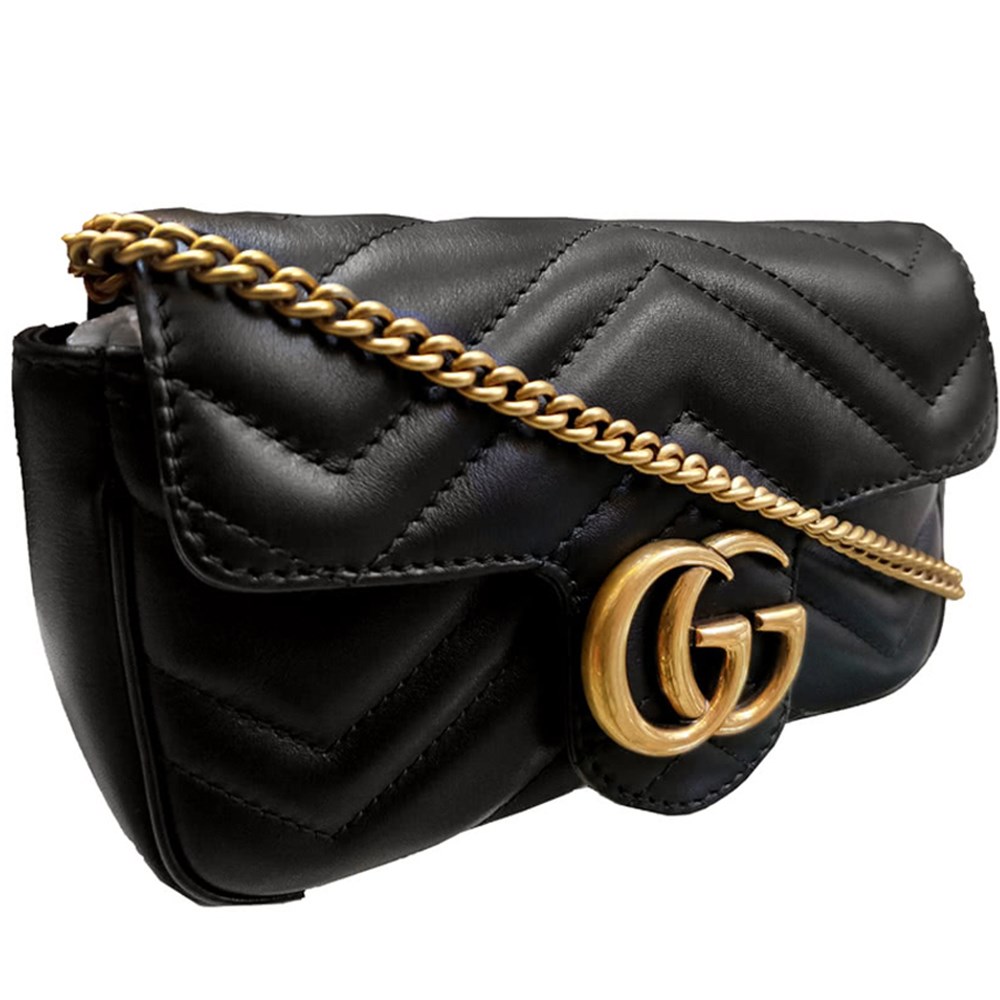 【GUCCI 古馳】476433 經典Marmont系列仿舊金色GG LOGO牛皮山字紋MINI款手拿/腰包/肩背/斜背包(黑色)