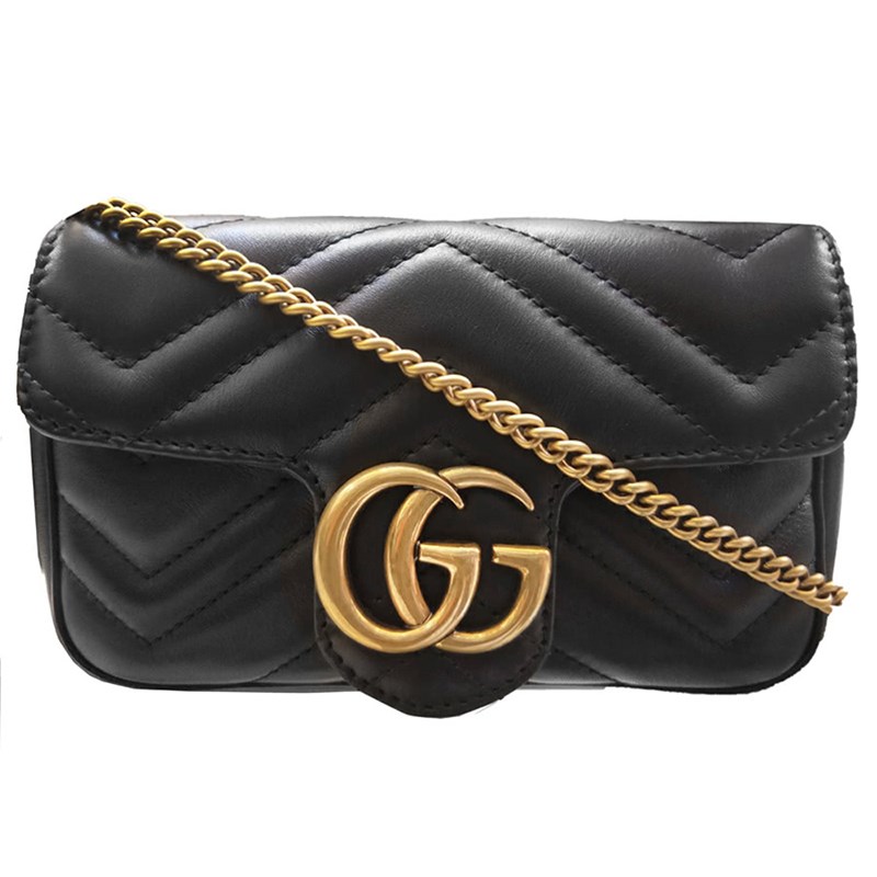【GUCCI 古馳】476433 經典Marmont系列仿舊金色GG LOGO牛皮山字紋MINI款手拿/腰包/肩背/斜背包(黑色)