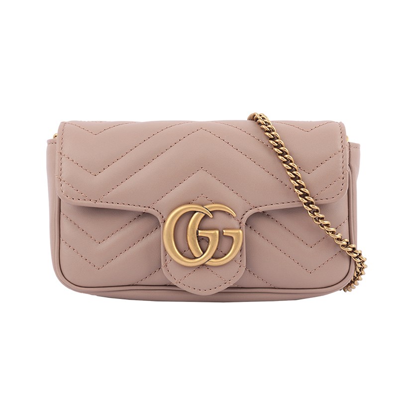 【GUCCI 古馳】476433 經典Marmont系列仿舊金色GG LOGO牛皮山字紋MINI款手拿/腰包/肩背/斜背包(藕粉)