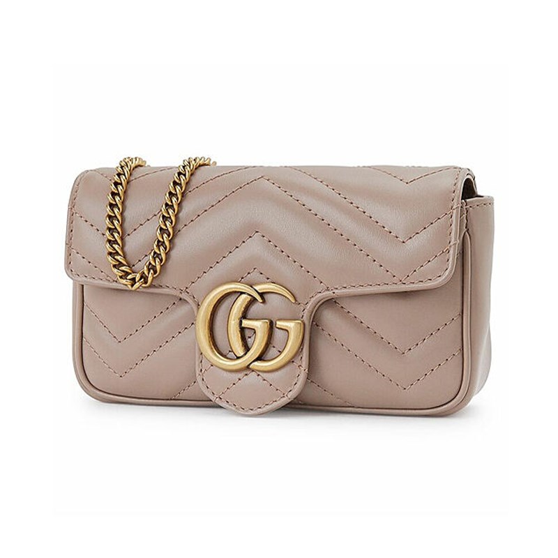 【GUCCI 古馳】476433 經典Marmont系列仿舊金色GG LOGO牛皮山字紋MINI款手拿/腰包/肩背/斜背包(藕粉)