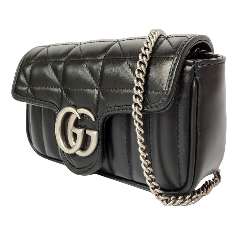 【GUCCI 古馳】476433 經典Marmont supermini復古銀釦翻蓋肩背/斜背包(黑色)
