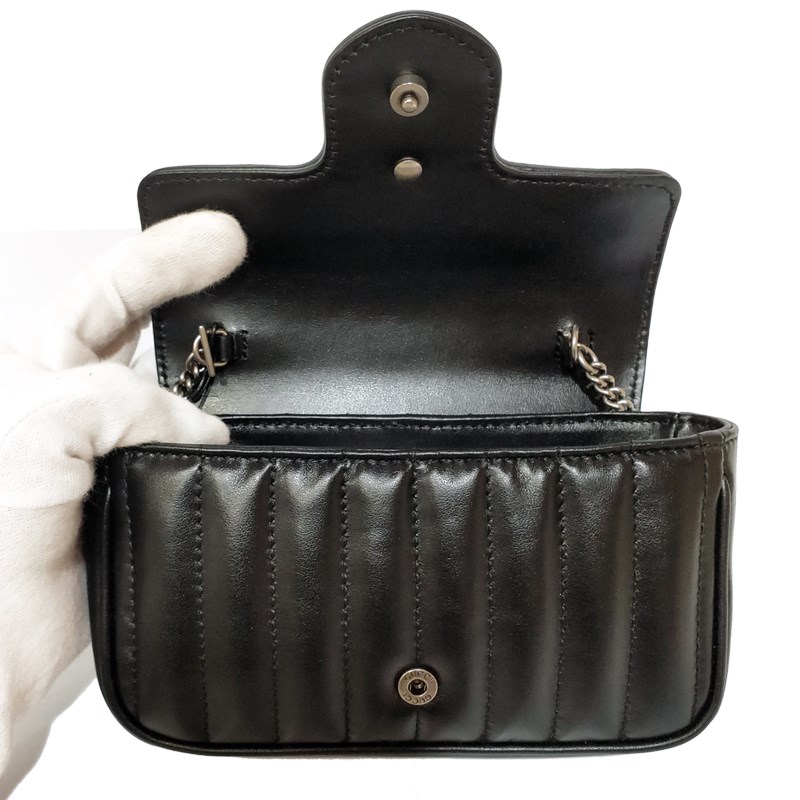 【GUCCI 古馳】476433 經典Marmont supermini復古銀釦翻蓋肩背/斜背包(黑色)