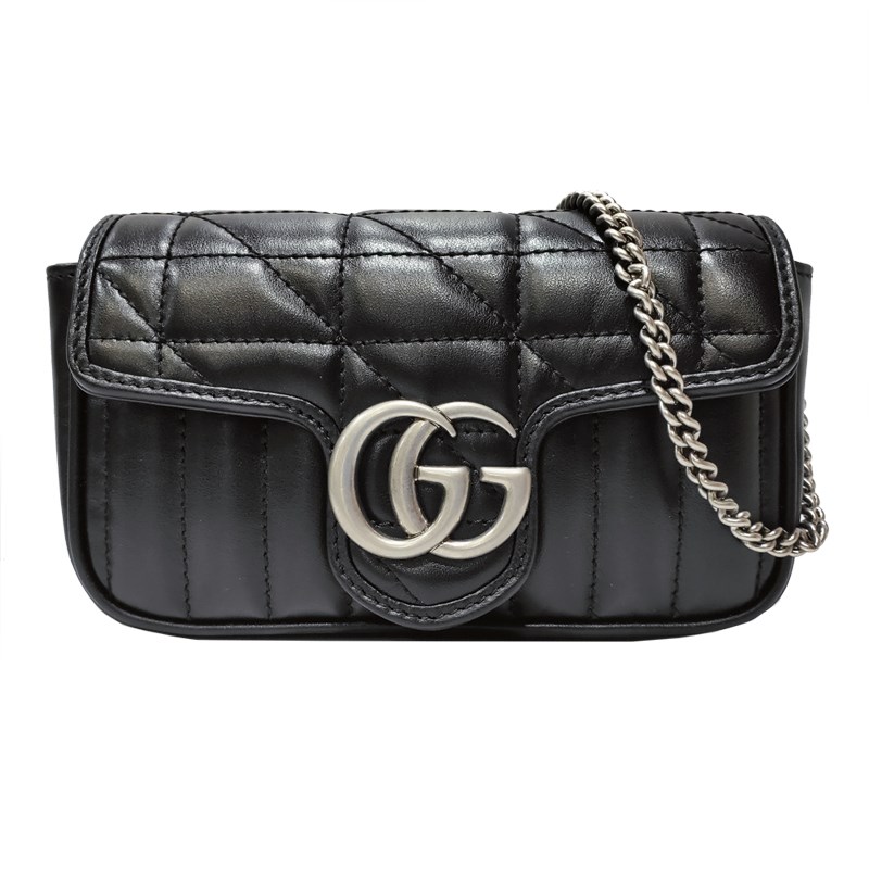 【GUCCI 古馳】476433 經典Marmont supermini復古銀釦翻蓋肩背/斜背包(黑色)