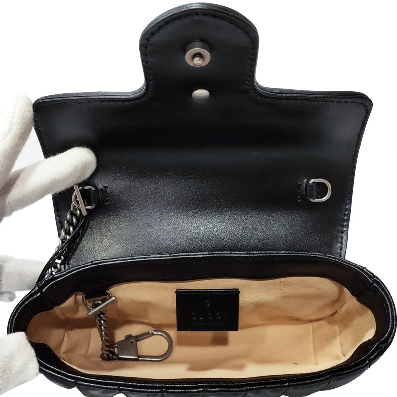 【GUCCI 古馳】476433 經典Marmont supermini復古銀釦翻蓋肩背/斜背包(黑色)