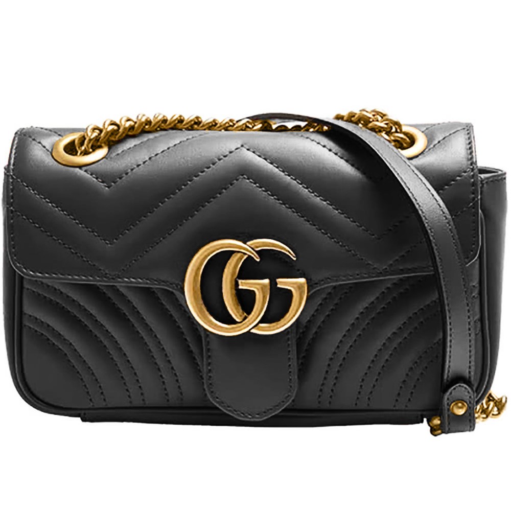 【GUCCI 古馳】446744 經典Marmont系列復古GG LOGO金釦翻蓋斜背鍊包(黑色22cm)