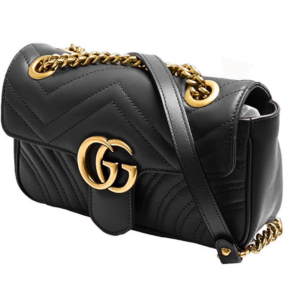 【GUCCI 古馳】446744 經典Marmont系列復古GG LOGO金釦翻蓋斜背鍊包(黑色22cm)