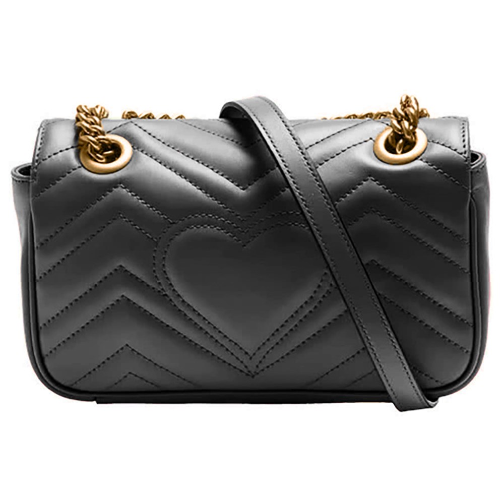 【GUCCI 古馳】446744 經典Marmont系列復古GG LOGO金釦翻蓋斜背鍊包(黑色22cm)