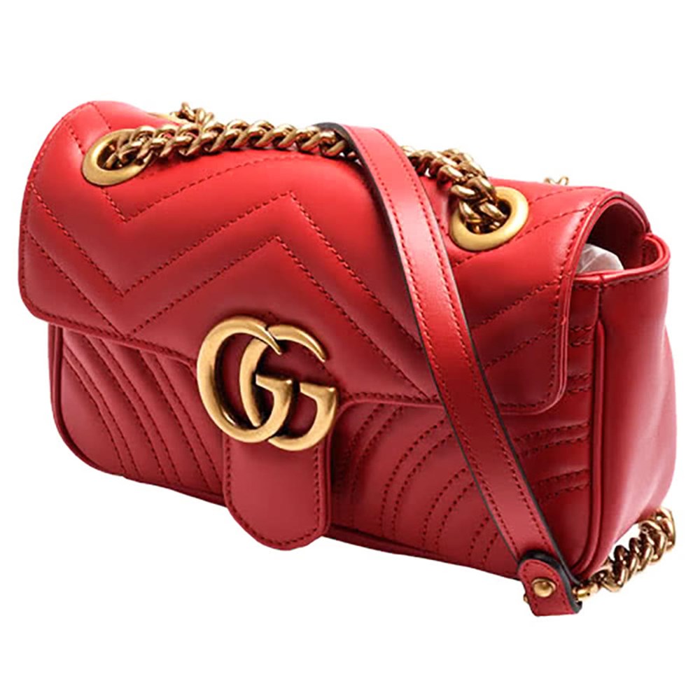【GUCCI 古馳】446744 經典Marmont系列復古GG LOGO金釦翻蓋斜背鍊包(紅色22cm)