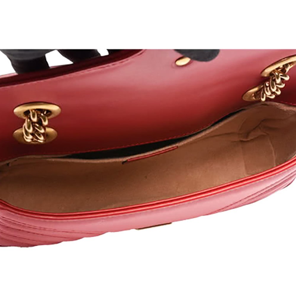 【GUCCI 古馳】446744 經典Marmont系列復古GG LOGO金釦翻蓋斜背鍊包(紅色22cm)