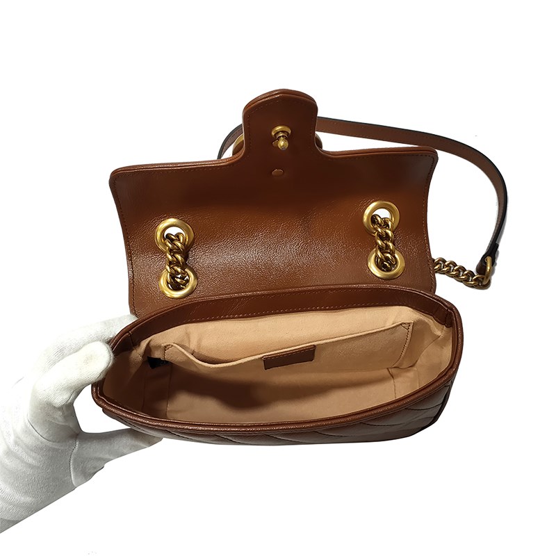 【GUCCI 古馳】446744 經典Marmont系列復古GG LOGO金釦翻蓋斜背鍊包(焦糖色22cm)