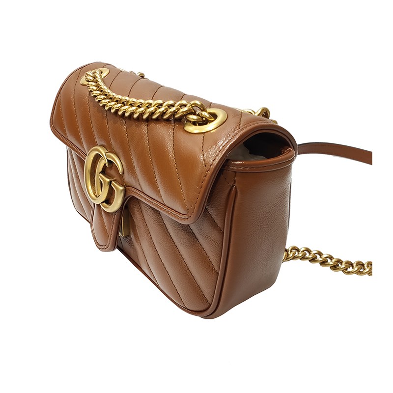 【GUCCI 古馳】446744 經典Marmont系列復古GG LOGO金釦翻蓋斜背鍊包(焦糖色22cm)