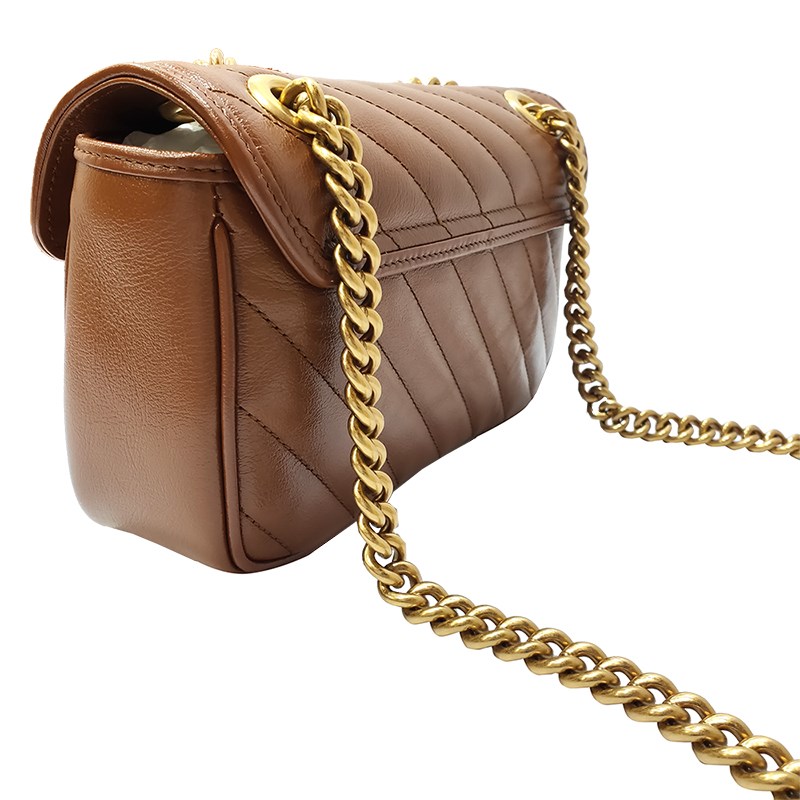 【GUCCI 古馳】446744 經典Marmont系列復古GG LOGO金釦翻蓋斜背鍊包(焦糖色22cm)