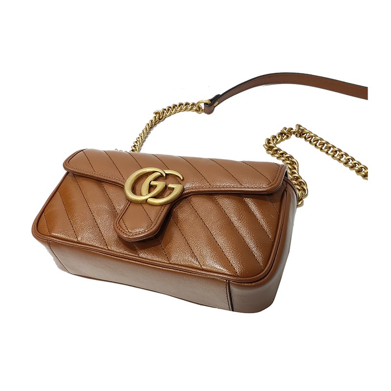 【GUCCI 古馳】446744 經典Marmont系列復古GG LOGO金釦翻蓋斜背鍊包(焦糖色22cm)