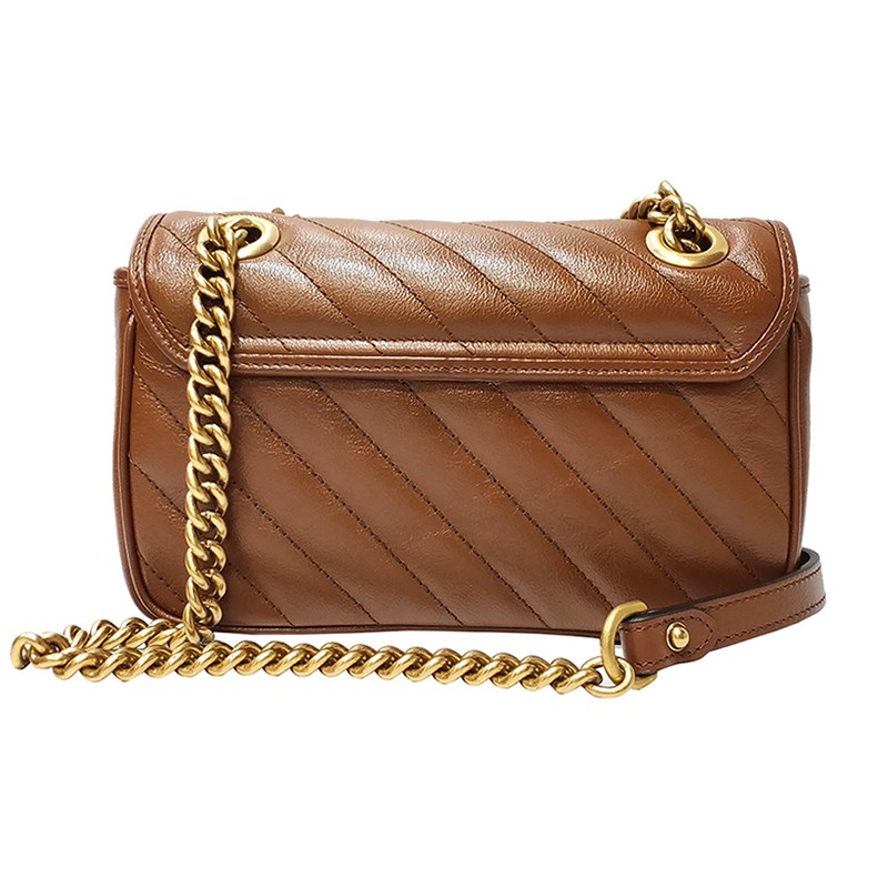【GUCCI 古馳】446744 經典Marmont系列復古GG LOGO金釦翻蓋斜背鍊包(焦糖色22cm)
