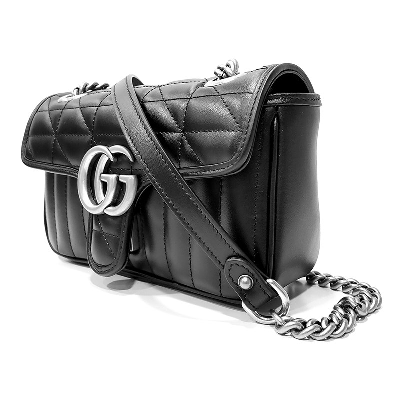 【GUCCI 古馳】446744 新款GG Marmont絎縫系列銀釦掀蓋肩背/斜背包(黑色22cm)