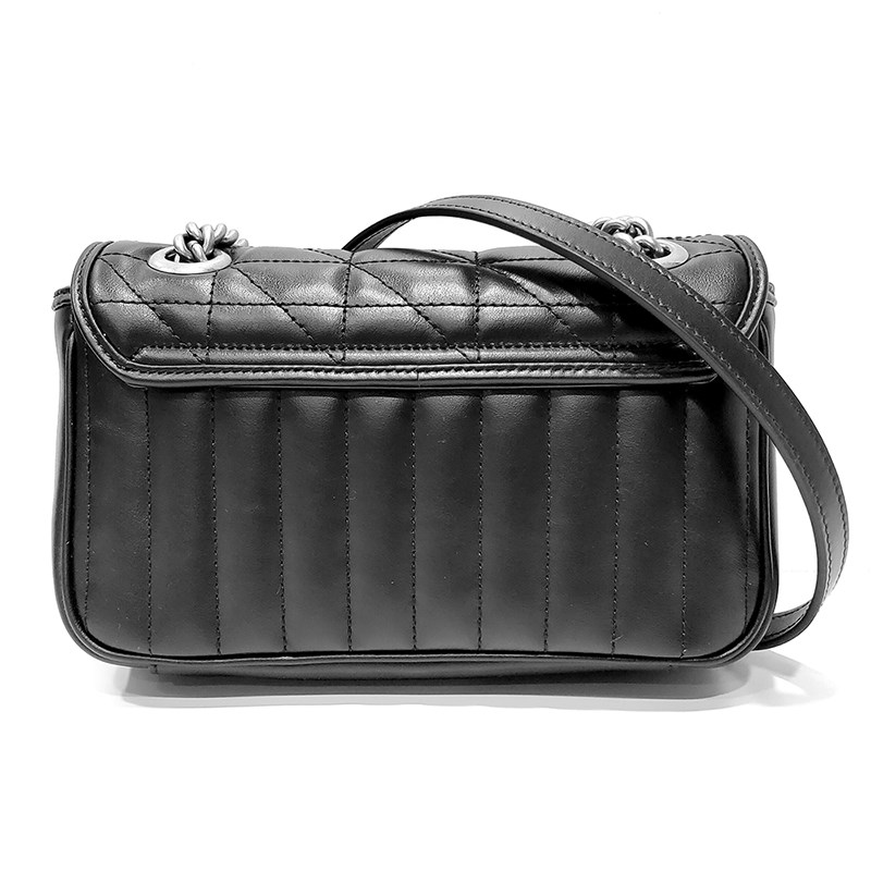 【GUCCI 古馳】446744 新款GG Marmont絎縫系列銀釦掀蓋肩背/斜背包(黑色22cm)