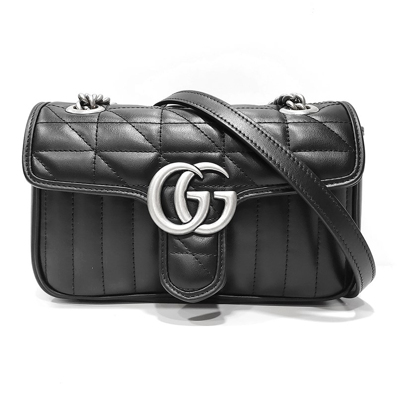 【GUCCI 古馳】446744 新款GG Marmont絎縫系列銀釦掀蓋肩背/斜背包(黑色22cm)
