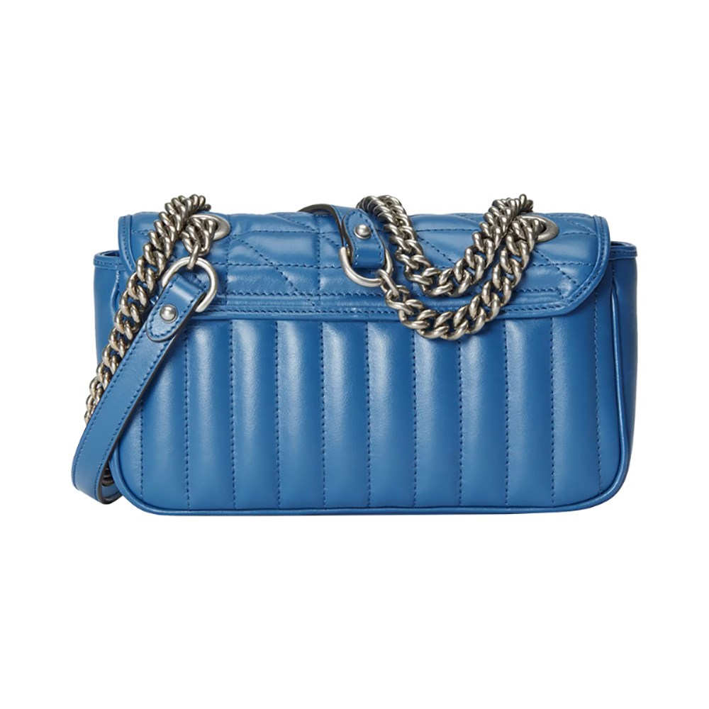 【GUCCI 古馳】446744 經典GG Marmont絎縫系列銀釦掀蓋肩背/斜背包(藍色22cm)