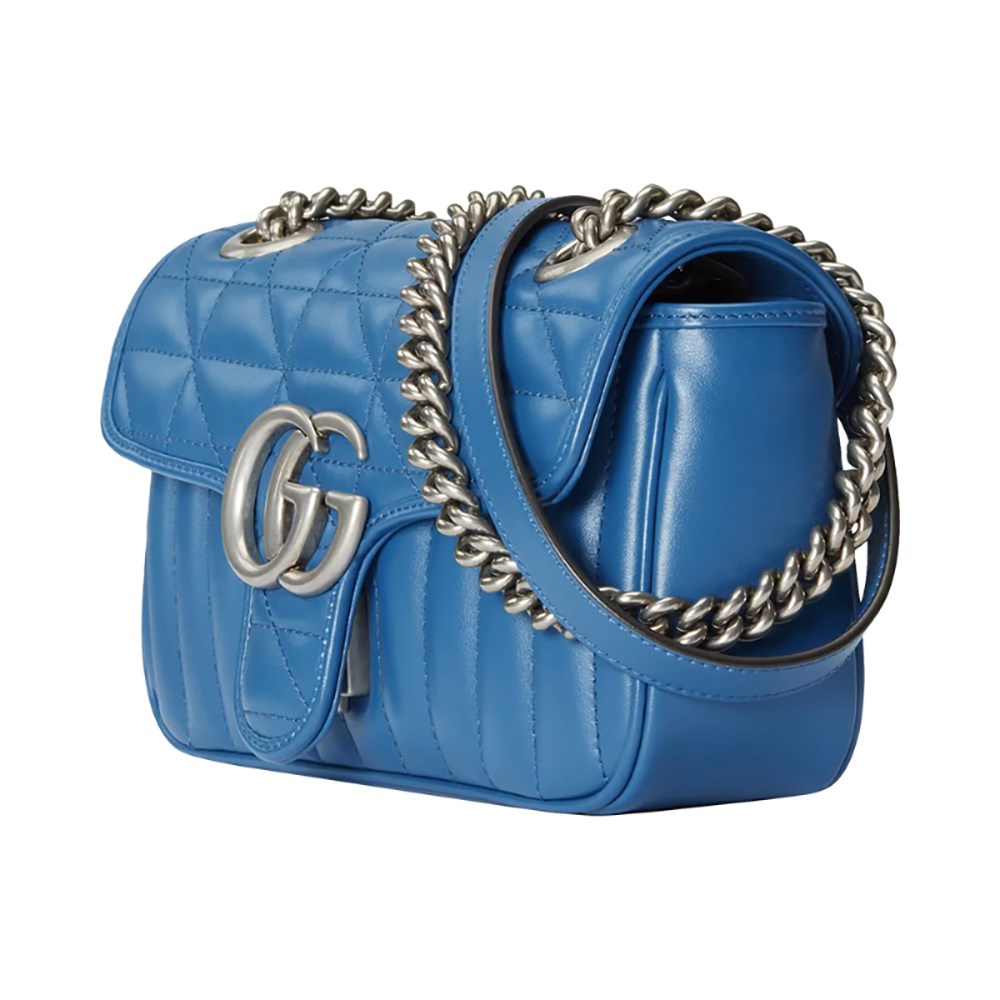 【GUCCI 古馳】446744 經典GG Marmont絎縫系列銀釦掀蓋肩背/斜背包(藍色22cm)