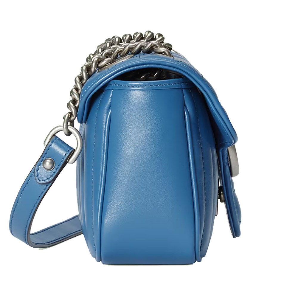 【GUCCI 古馳】446744 經典GG Marmont絎縫系列銀釦掀蓋肩背/斜背包(藍色22cm)