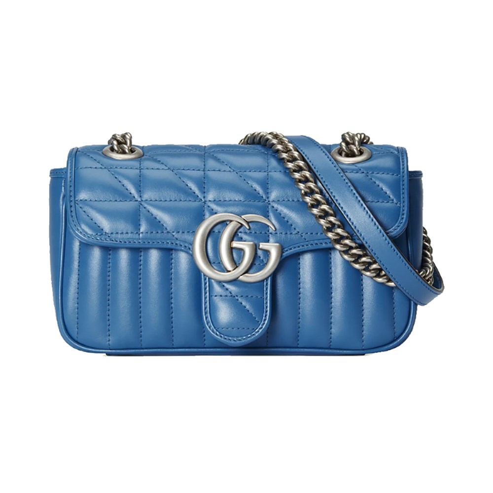 【GUCCI 古馳】446744 經典GG Marmont絎縫系列銀釦掀蓋肩背/斜背包(藍色22cm)