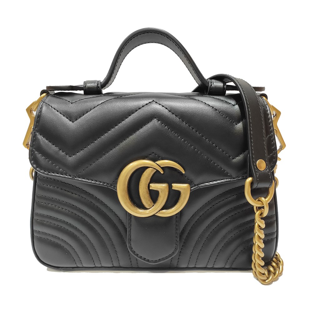 【GUCCI 古馳】547260 Marmont mini仿舊金色 LOGO牛皮暗釦手提/斜背兩用包