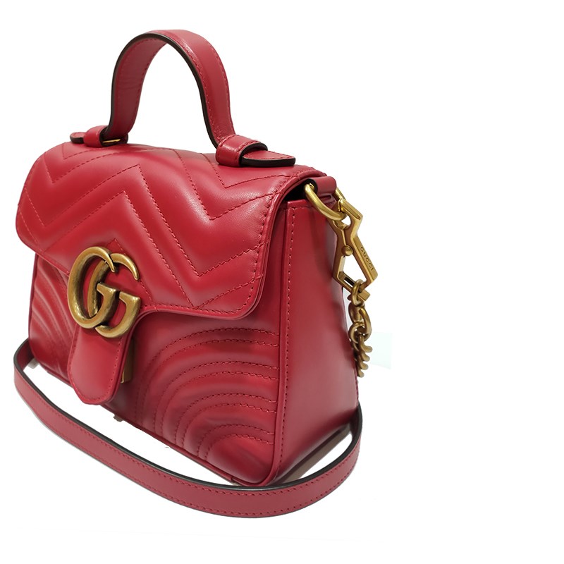 【GUCCI 古馳】547260 經典Marmont系列仿舊金色 LOGO牛皮暗釦手提/斜背兩用包(紅色)