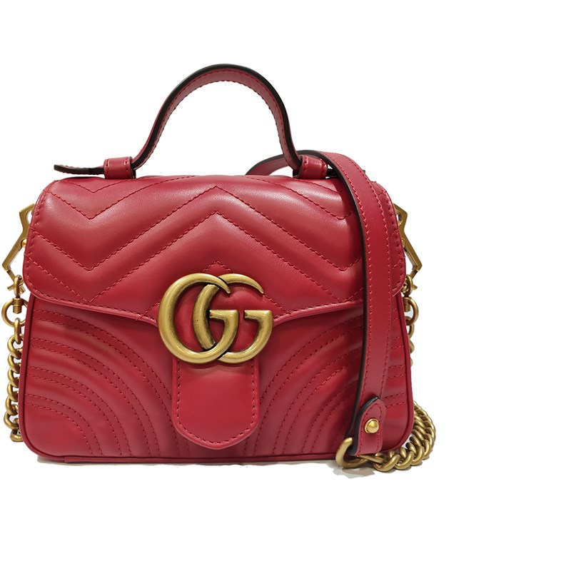 【GUCCI 古馳】547260 經典Marmont系列仿舊金色 LOGO牛皮暗釦手提/斜背兩用包(紅色)