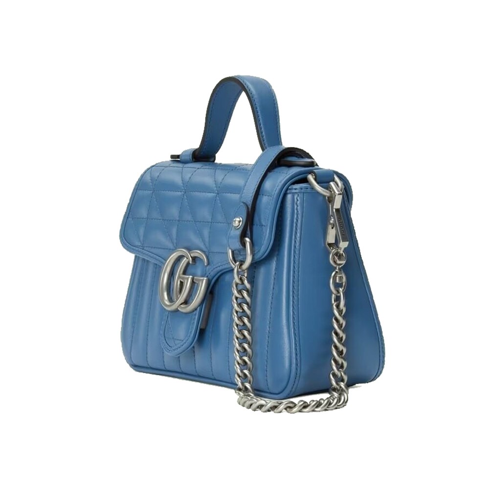 【GUCCI 古馳】583571 經典Marmont mini仿舊銀色 LOGO牛皮暗釦手提/斜背包(藍色)