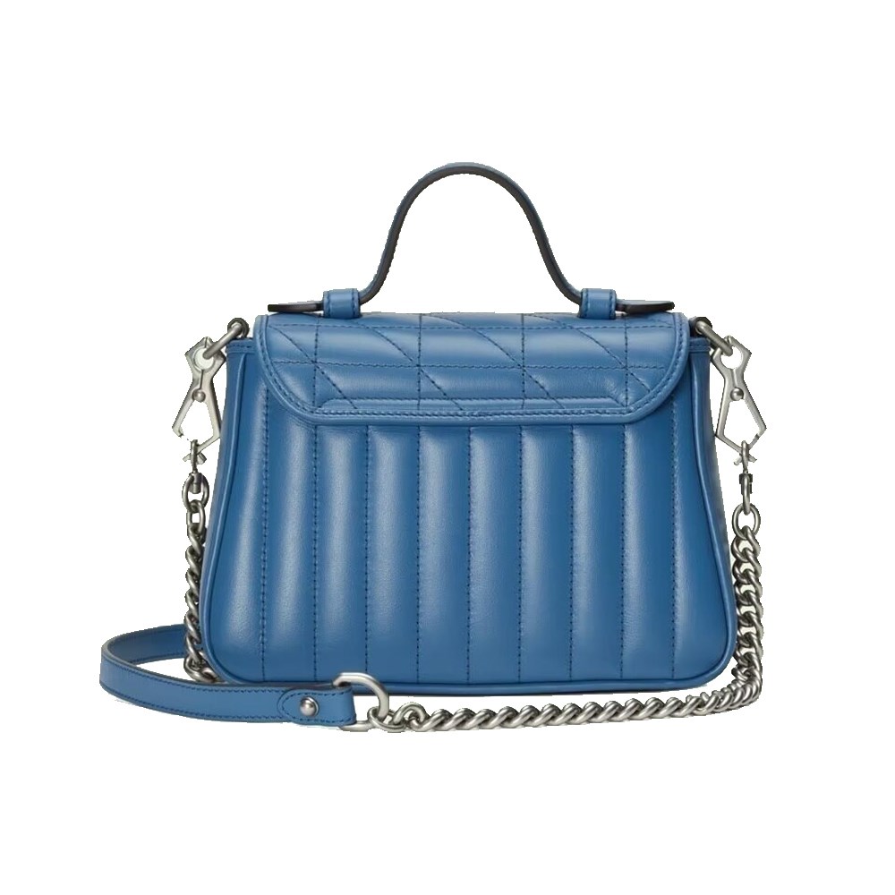 【GUCCI 古馳】583571 經典Marmont mini仿舊銀色 LOGO牛皮暗釦手提/斜背包(藍色)