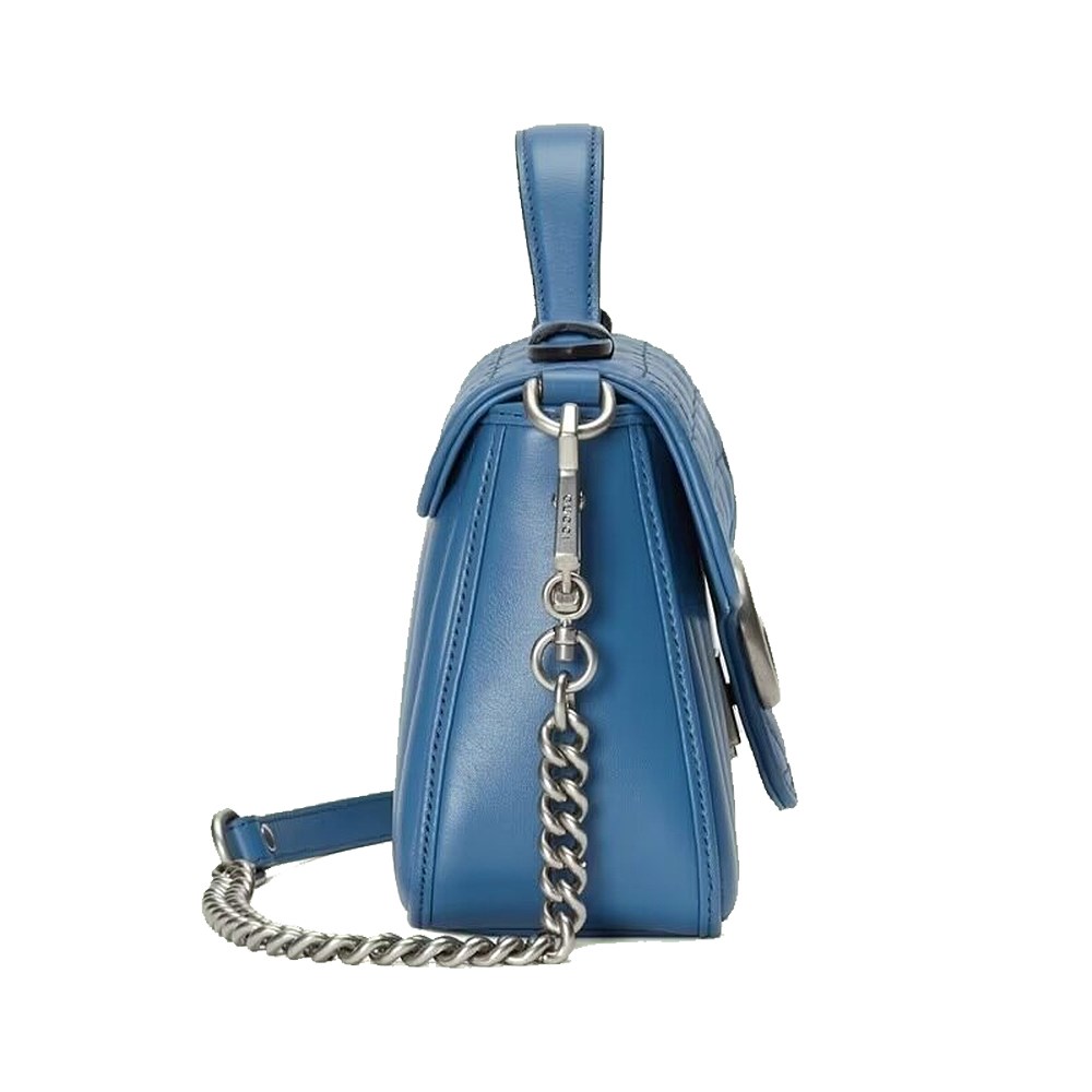 【GUCCI 古馳】583571 經典Marmont mini仿舊銀色 LOGO牛皮暗釦手提/斜背包(藍色)
